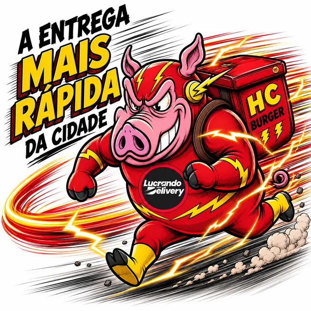 Porco do HC vestido de super-herói correndo com a bag de entrega nas costas