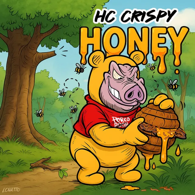 Porco do HC fantasiado de urso abraçando uma colmeia que pinga mel